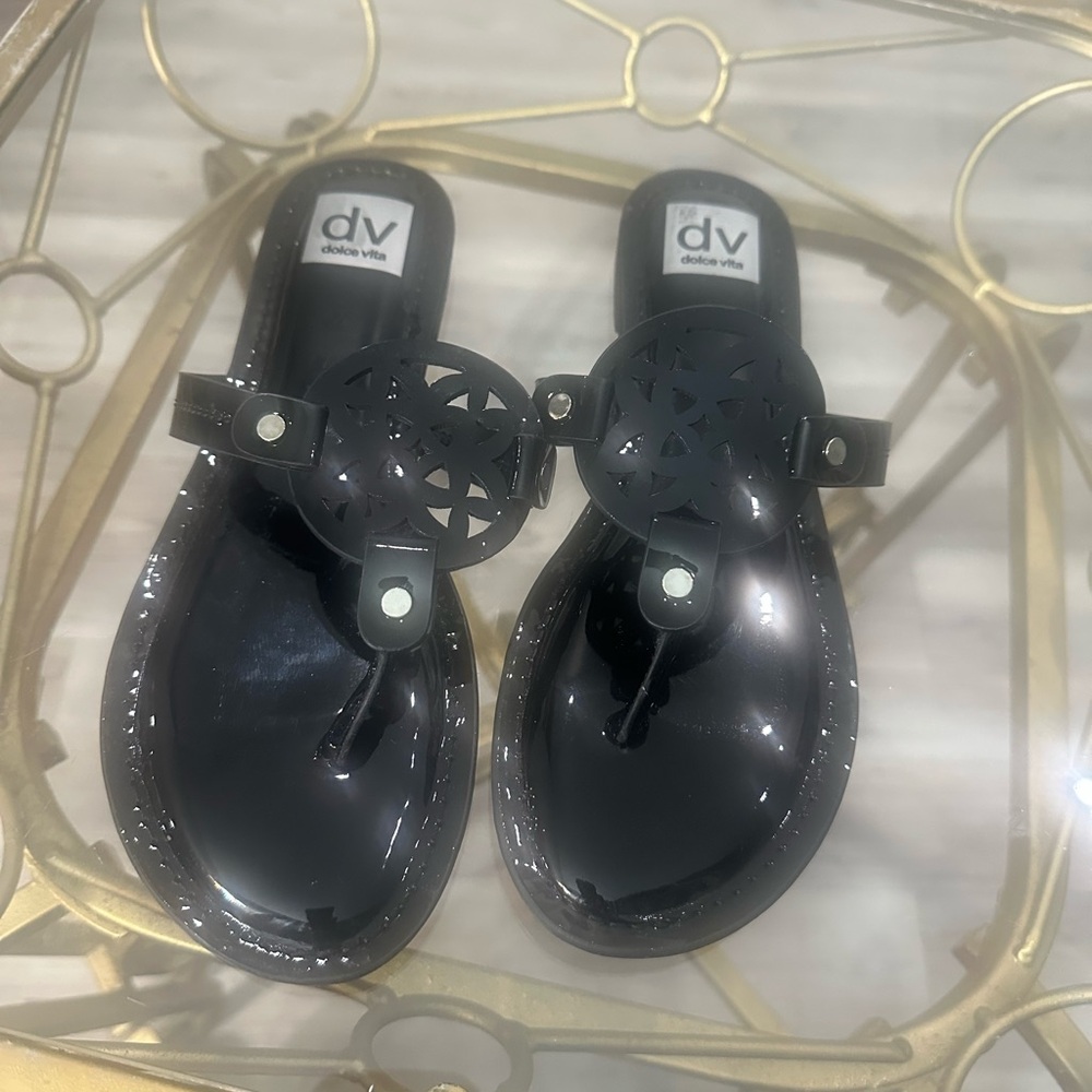 Dolce Vita Black Jelly Thong Sandals with Medallion